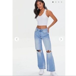 High Waisted Button Fly Distressed Open Knee Jeans
